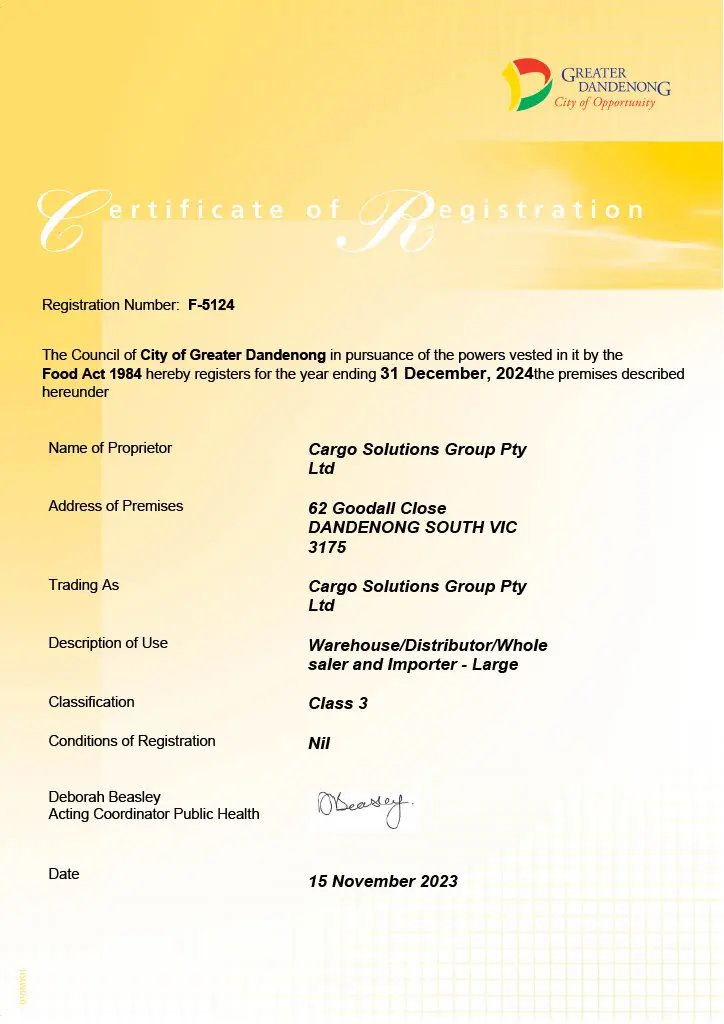 Certificate of Registration Food Premises